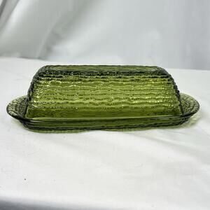VINTAGE ANCHOR HOCKING GREEN SORENO AVOCADO STICK BUTTER EUC Wavy